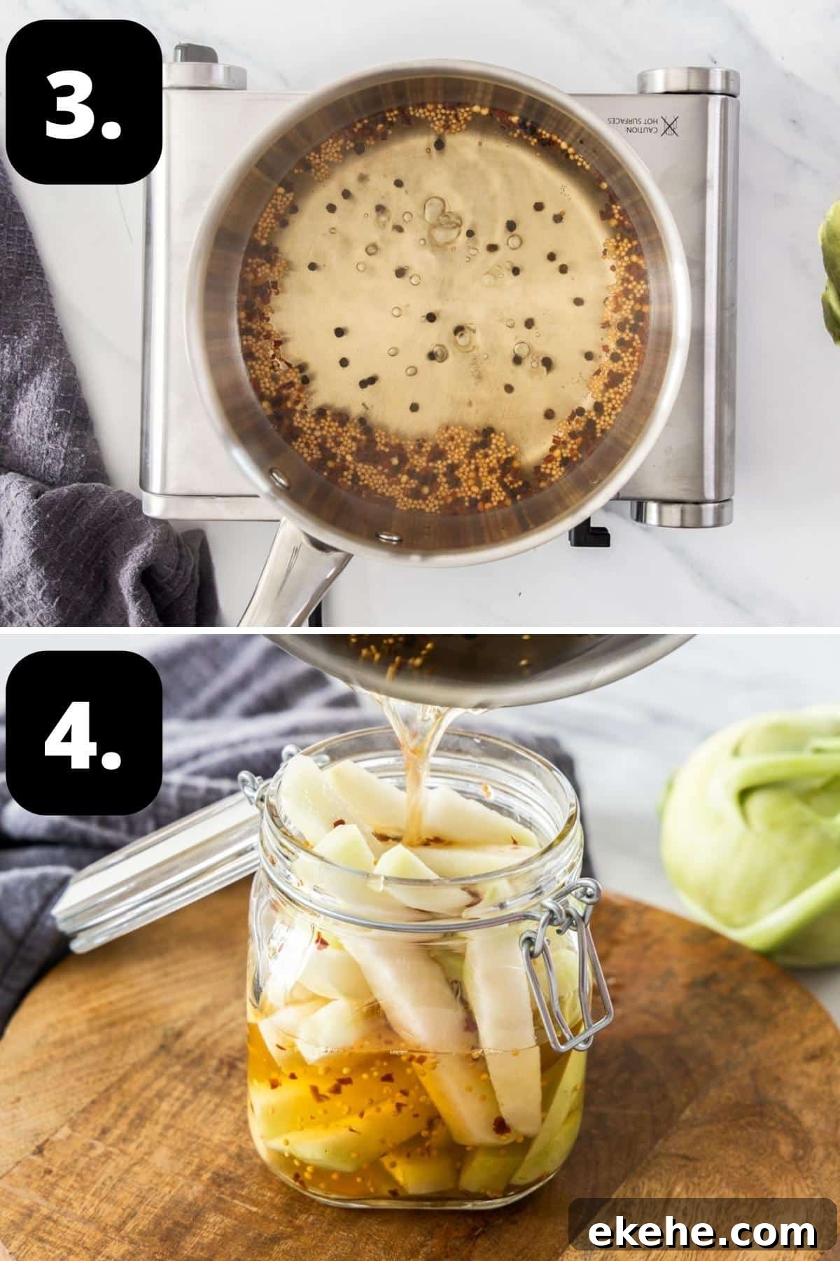 Steps 3-4 of preparing this recipe - the pickling liquid in a saucepan and adding the liquid to the jar of kohlrabi pieces.