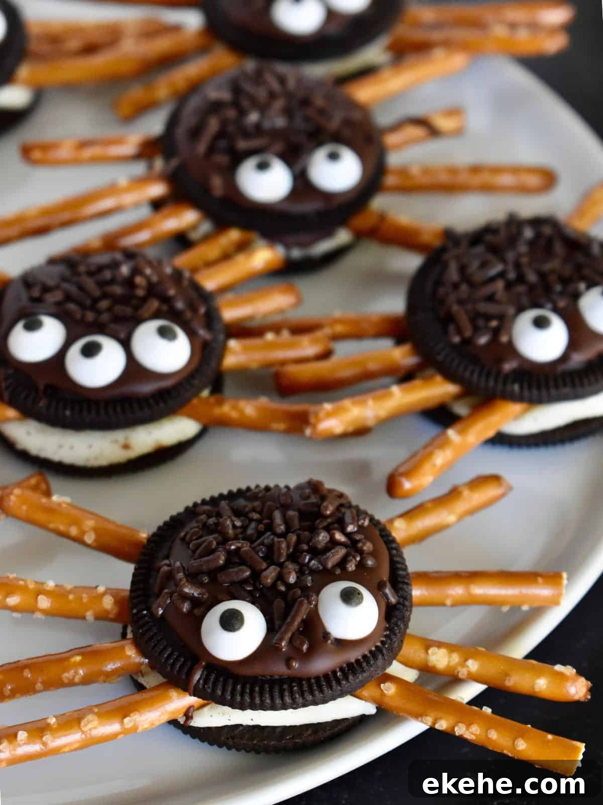 Oreo Cookie Spiders with pretzel legs on a white plate.