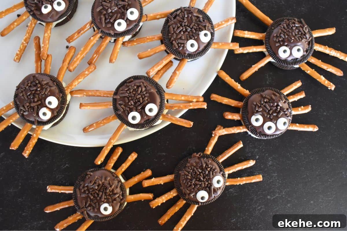Overhead photo of Oreo Cookie spiders with pretzel legs on a black background.