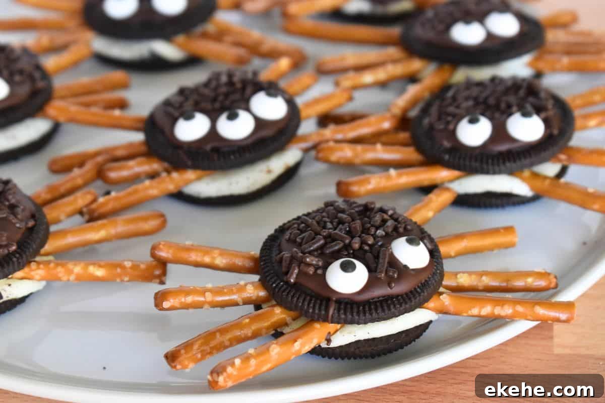 Oreo Cookie Spiders on a white plate.