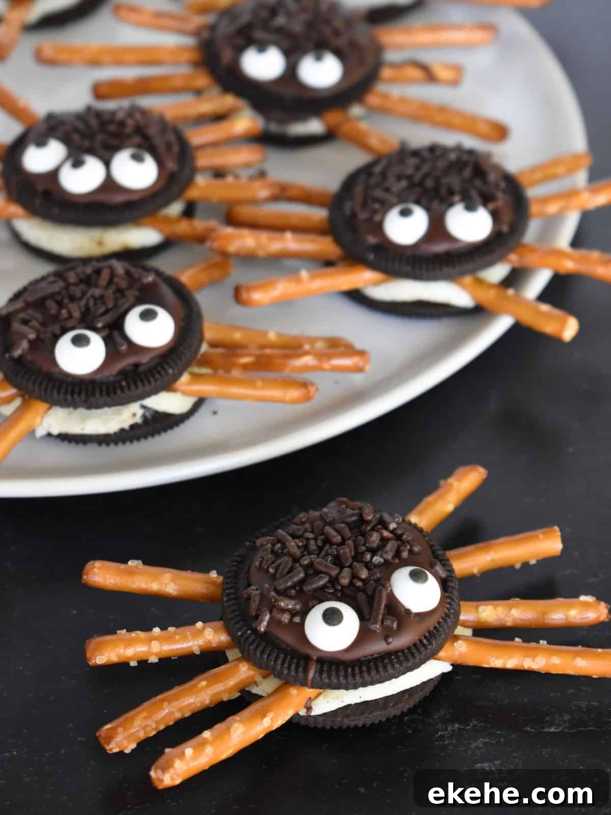 Oreo Cookie Spiders are the perfect halloween treat with pretzel rod legs.