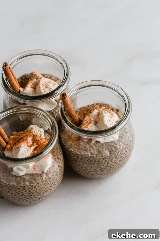 three jars of gingerbread chia pudding with whipped cream and cinnamon sticks