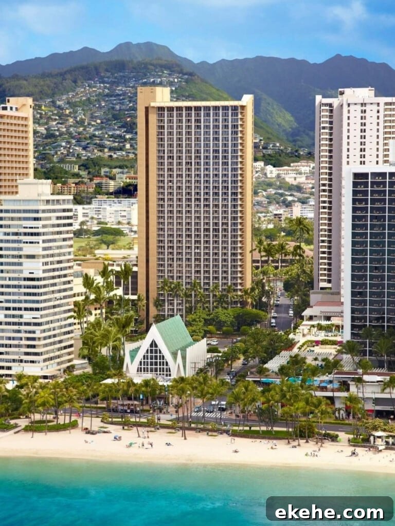 The Hilton Waikiki Beach on Kūhiō hotel building on Kūhiō Ave in Waikīkī.