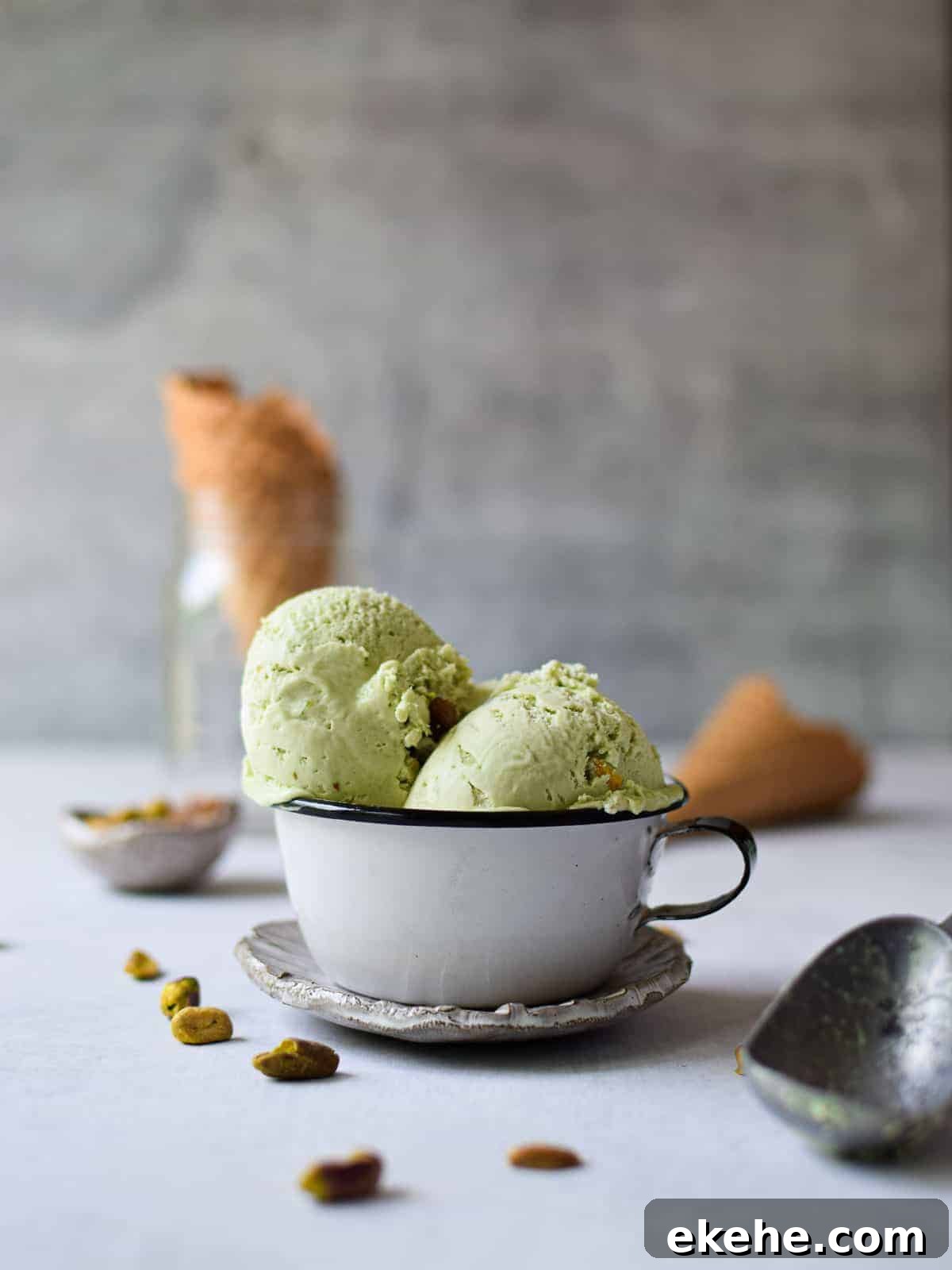 Eye level of 2 scoops of pistachio ice cream in a white cup.