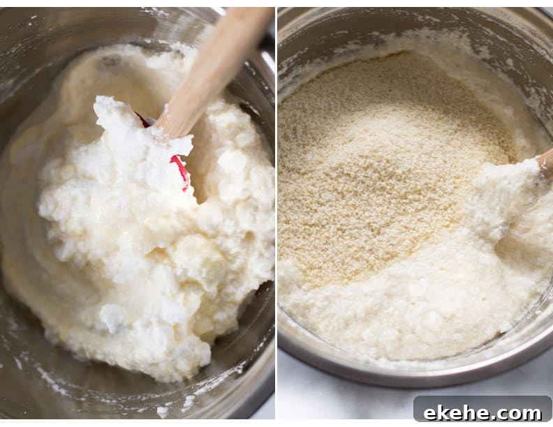Image showing egg whites being folded into batter and then almond flour being added in.
