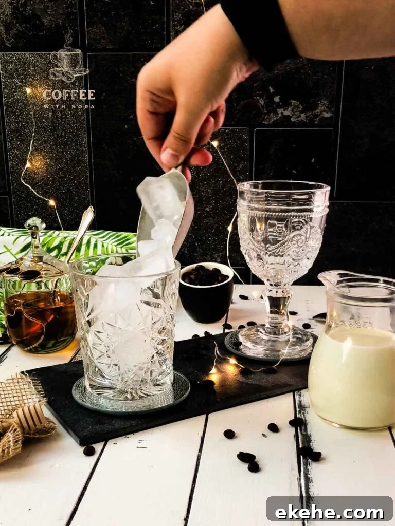 Fill your serving glasses with ice cubes.