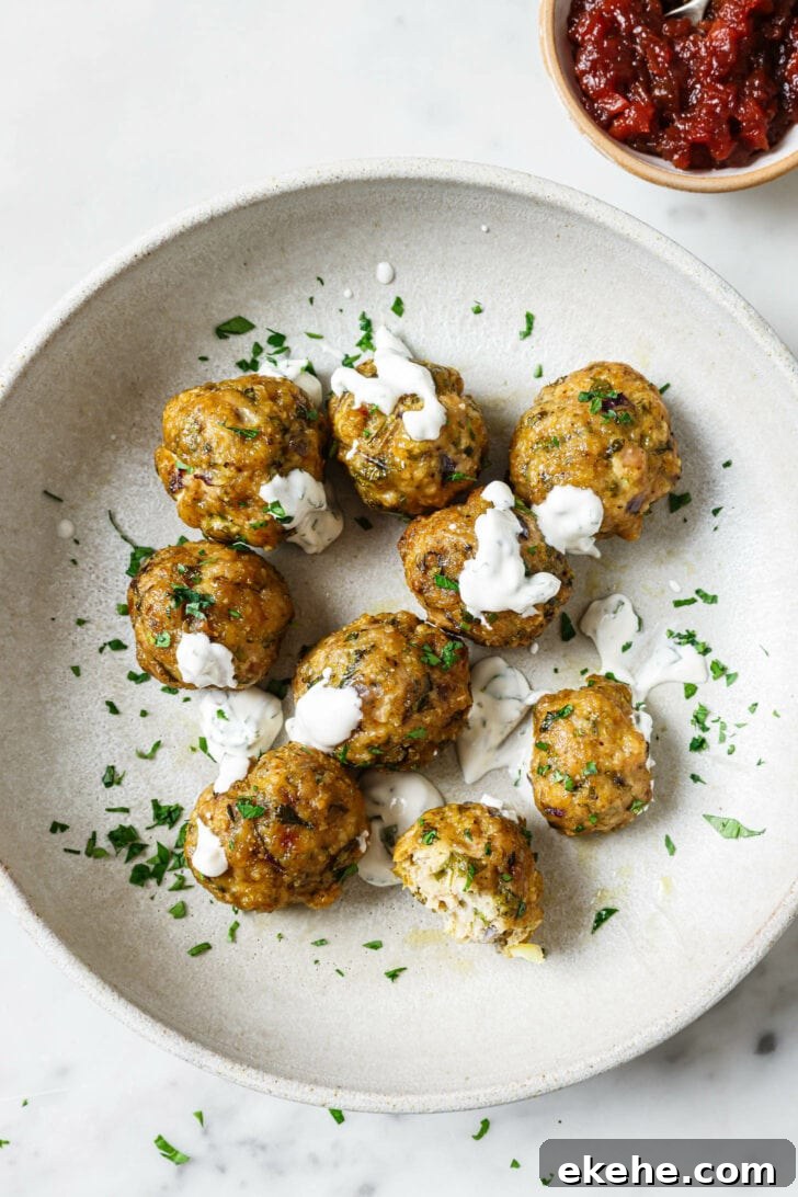 A bowl of Baked Chicken Kofta garnished with raita and chopped cilantro with chutney on the side.