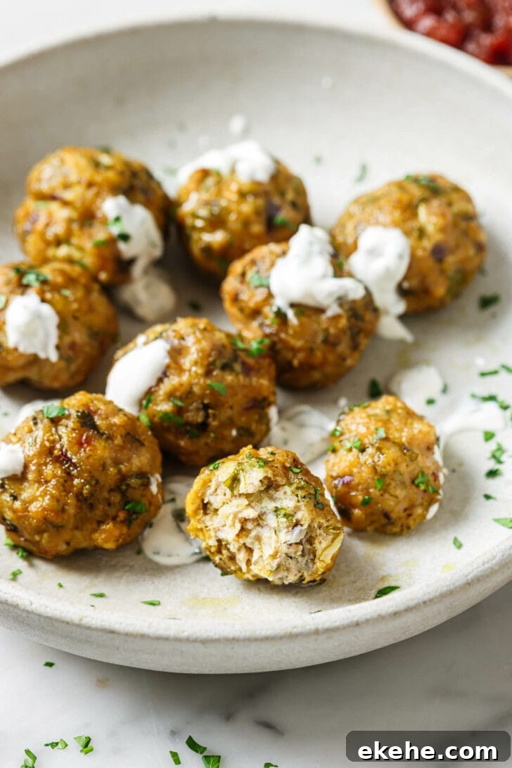 A bowl with Baked Chicken Kofta garnished with raita and chopped cilantro with one Kofta cut to show interior.