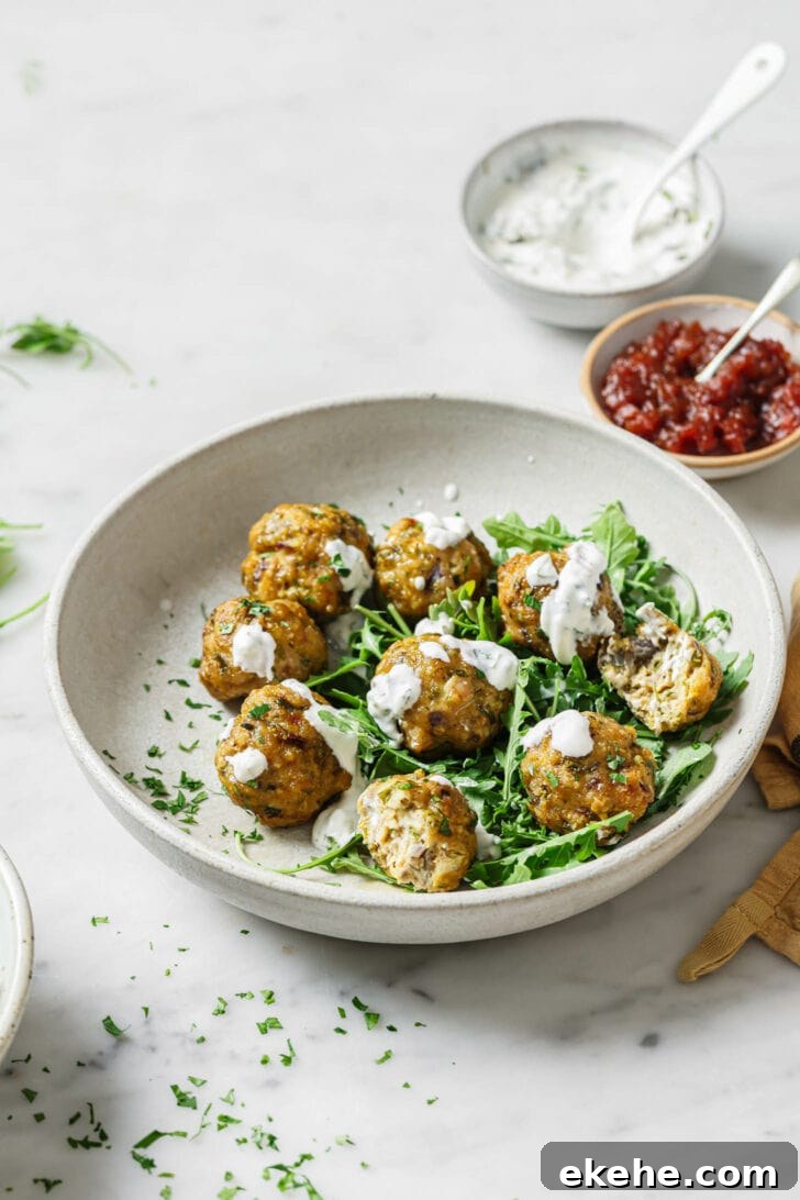 A bowl of Baked Chicken Kofta garnished with yogurt, chopped cilantro and arugula.