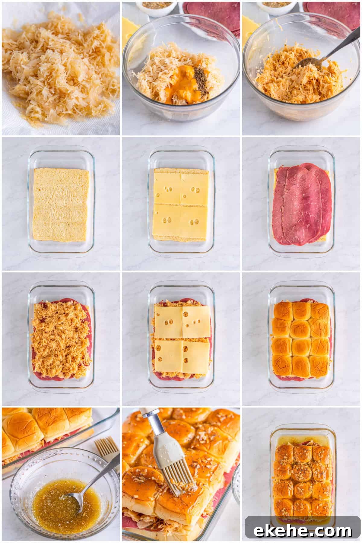 Step by step photos on how to make Reuben Sliders.
