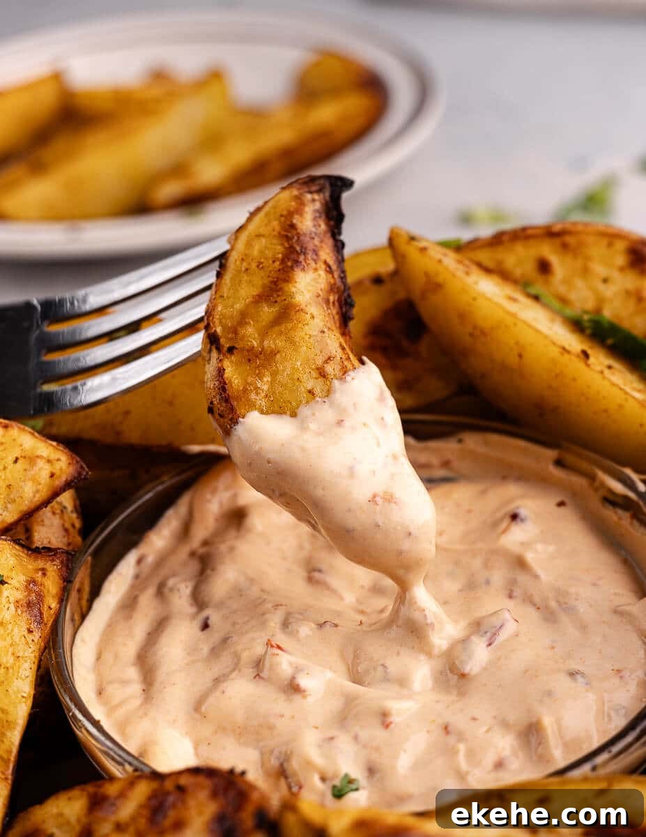 roasted potato wedge on a fork dipped in chipotle sauce