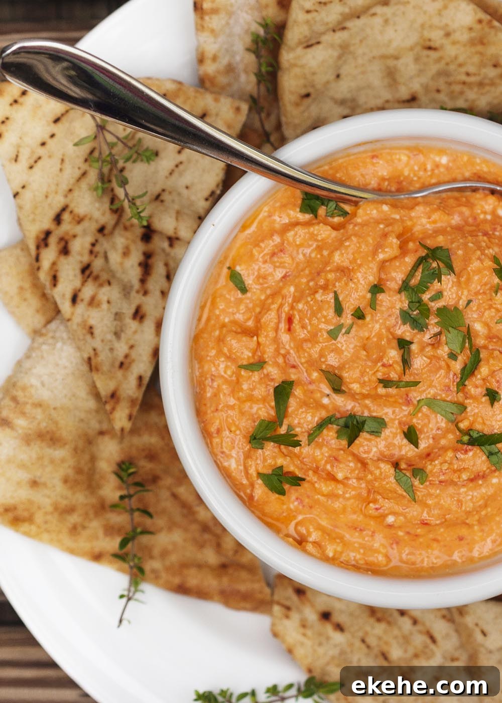 5 Minute Roasted Red Pepper and Feta Dip - Creamy and tangy.