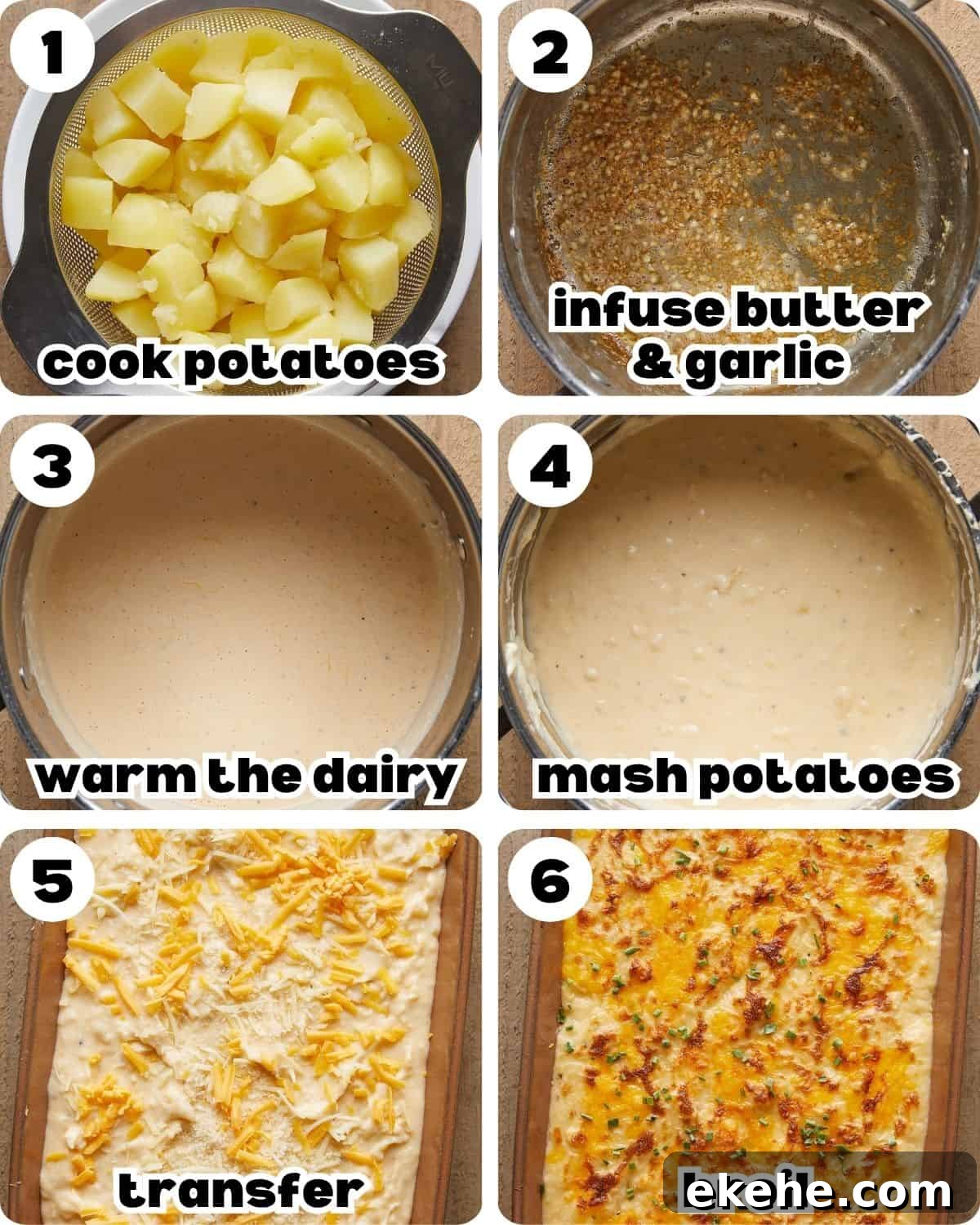 A 6 photo collage showing the steps for cheesy mashed potatoes. 
