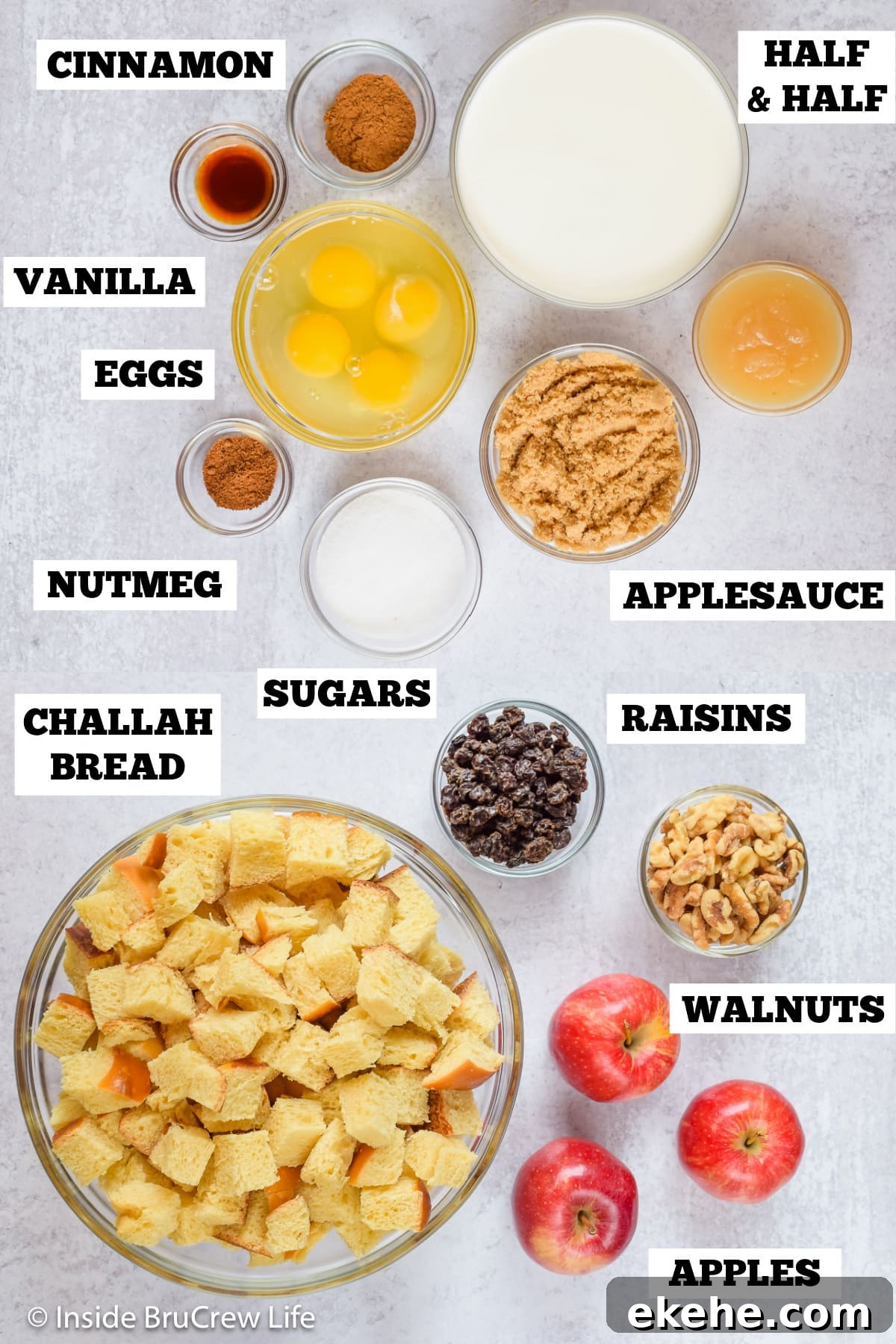 A white board with bowls of ingredients needed to make an apple dessert casserole.