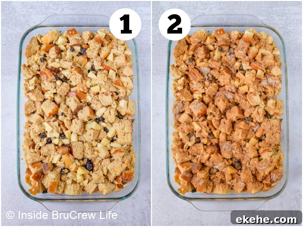 Two pictures collaged together showing how to make an apple dessert with bread.
