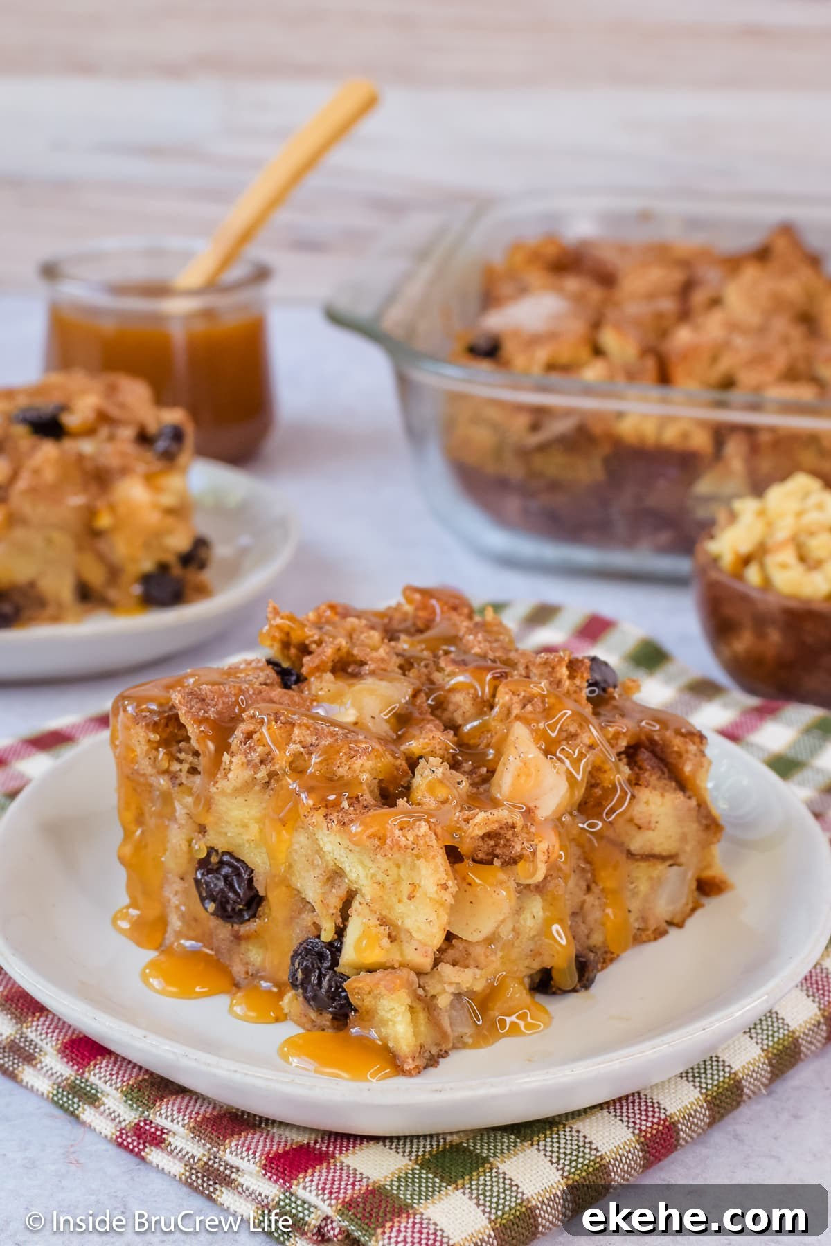 A slice of bread pudding on a plate.