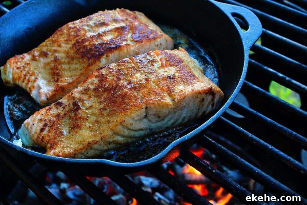 The salmon fillets in the Cast Iron Salmon Recipe are cooked and ready for the final touches. 