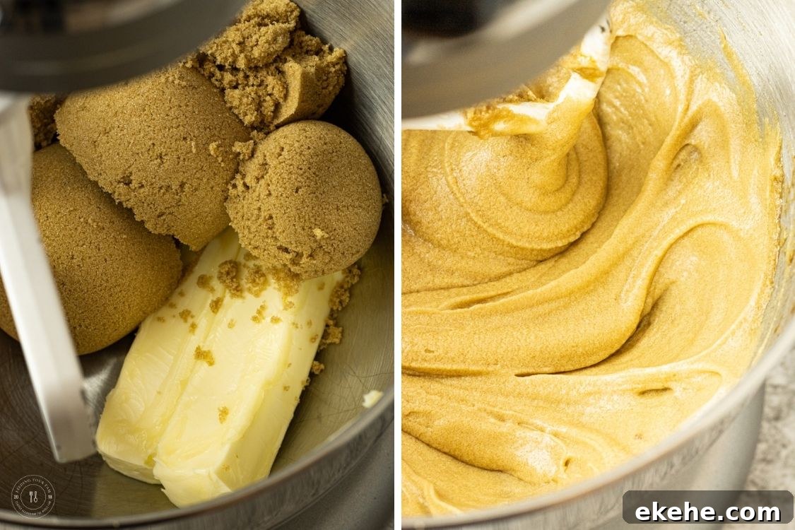 split image of butter and brown sugar in a mixing bowl and it all mixed together in the other image