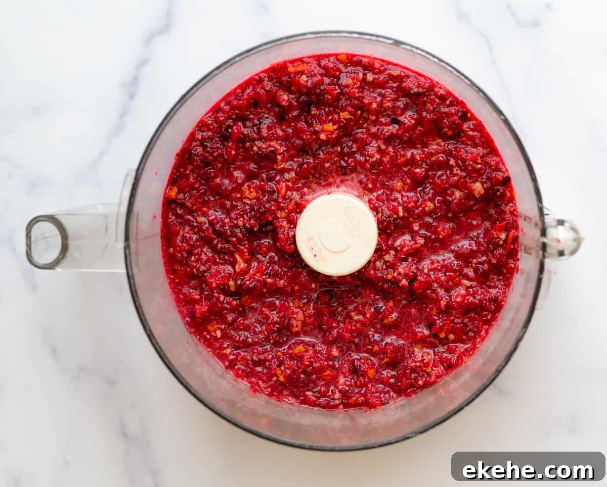 cranberry orange relish in food processor bowl.