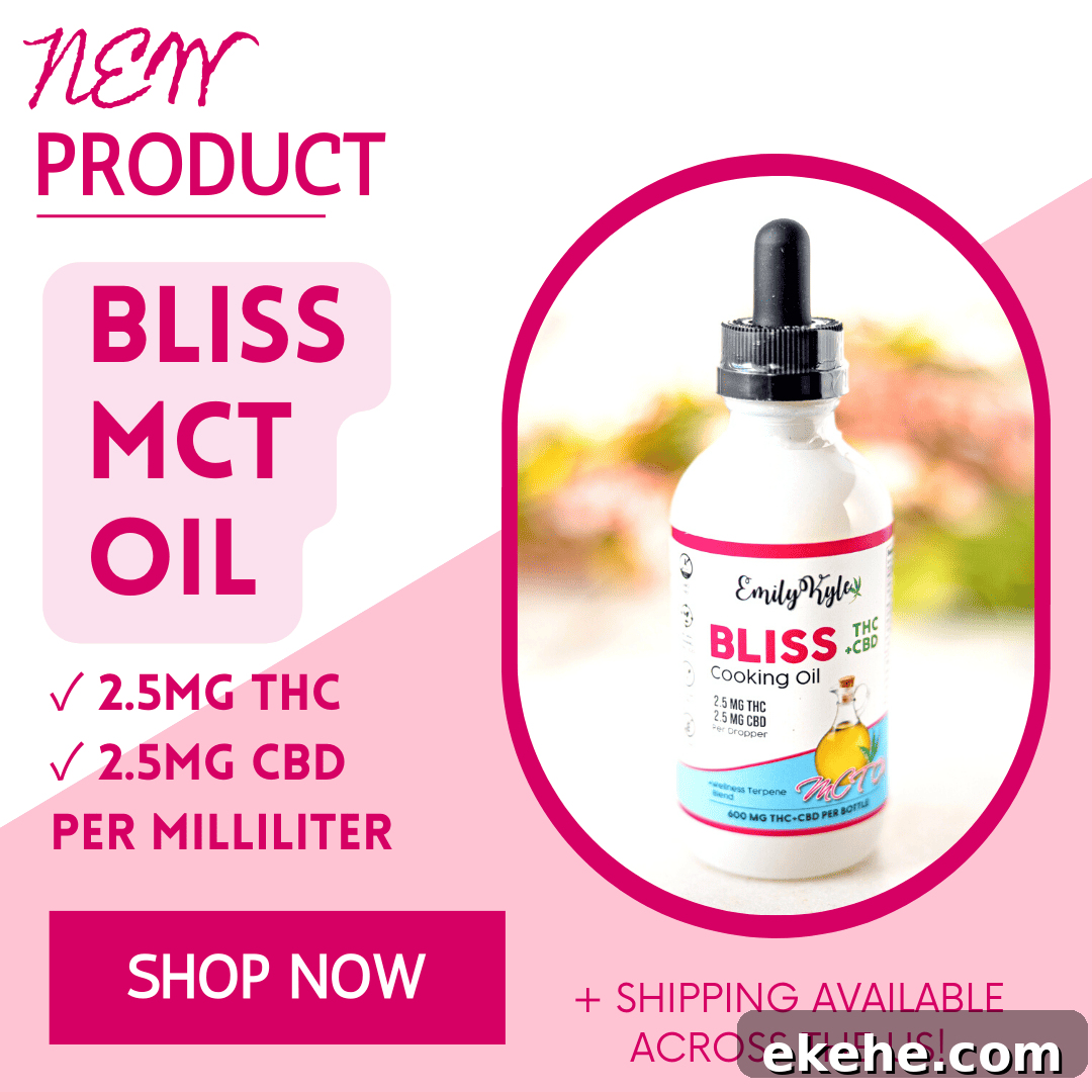 A picture of Emily Kyles Bliss MCT oil with text as a promo image.