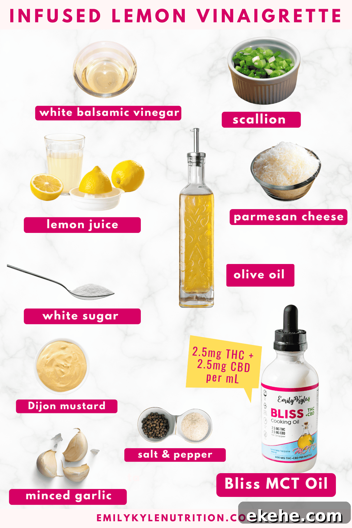 An ingredients collage of the items needed to make a cannabis-infused vinaigrette. 