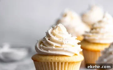 Small Batch Vanilla Cupcakes with vanilla bean buttercream and sprinkles on top.