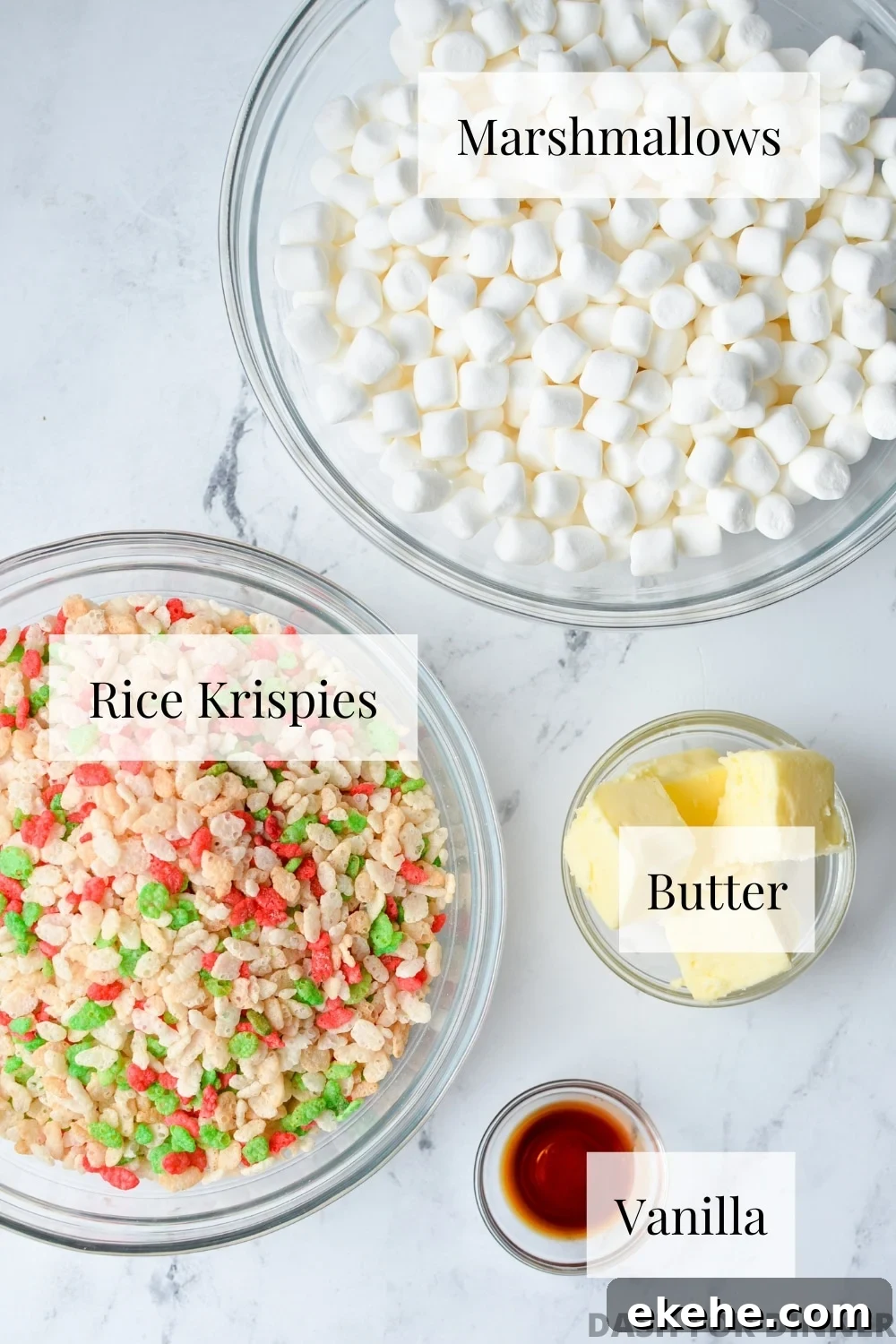 The ingredients need to make Rice Krispies treats: cereal, marshmallows, butter, and vanilla.