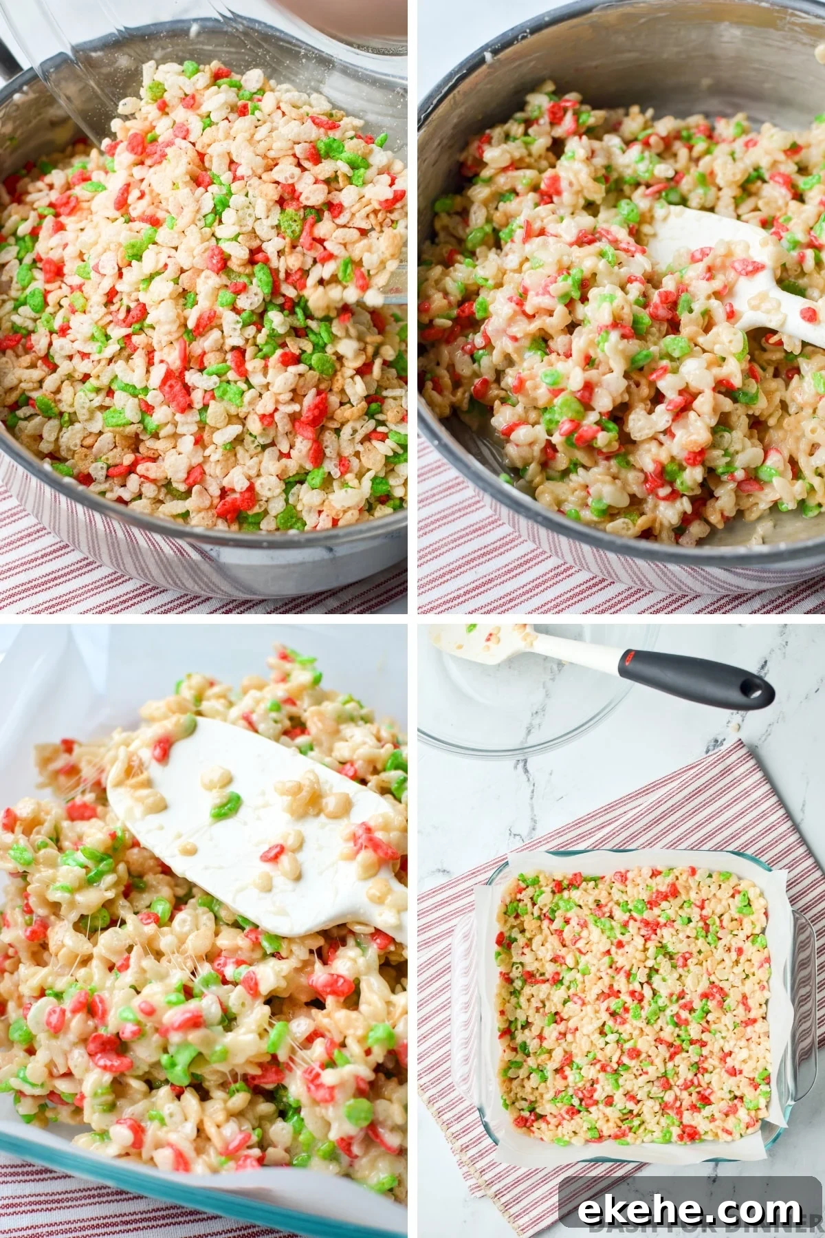 Mixing cereal in with marshmallows to form a base for treats.