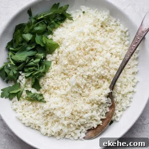 a bowl of white rice with parsley and a spoon.