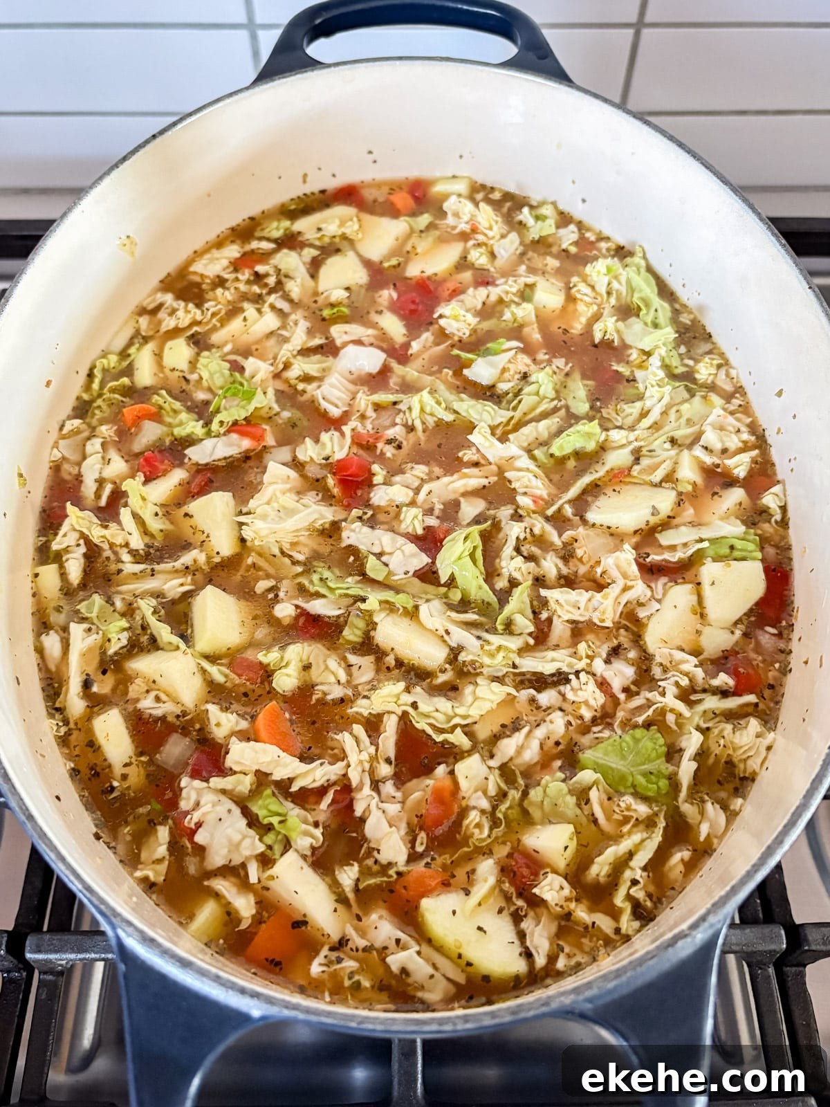 Veggies and broth added to the pot.
