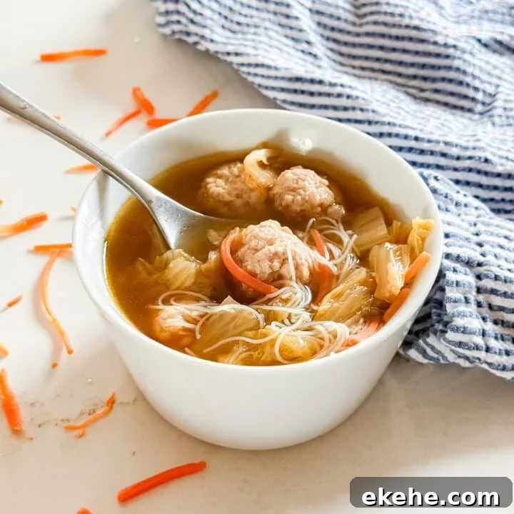 A bowl of asian soup with meatballs with a spoon and noodles in it.