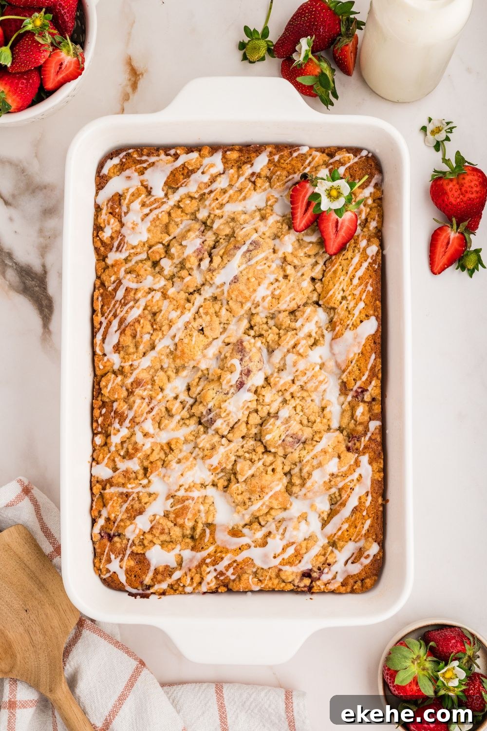 overhead shot of Strawberry Coffee Cake in pan on table 
