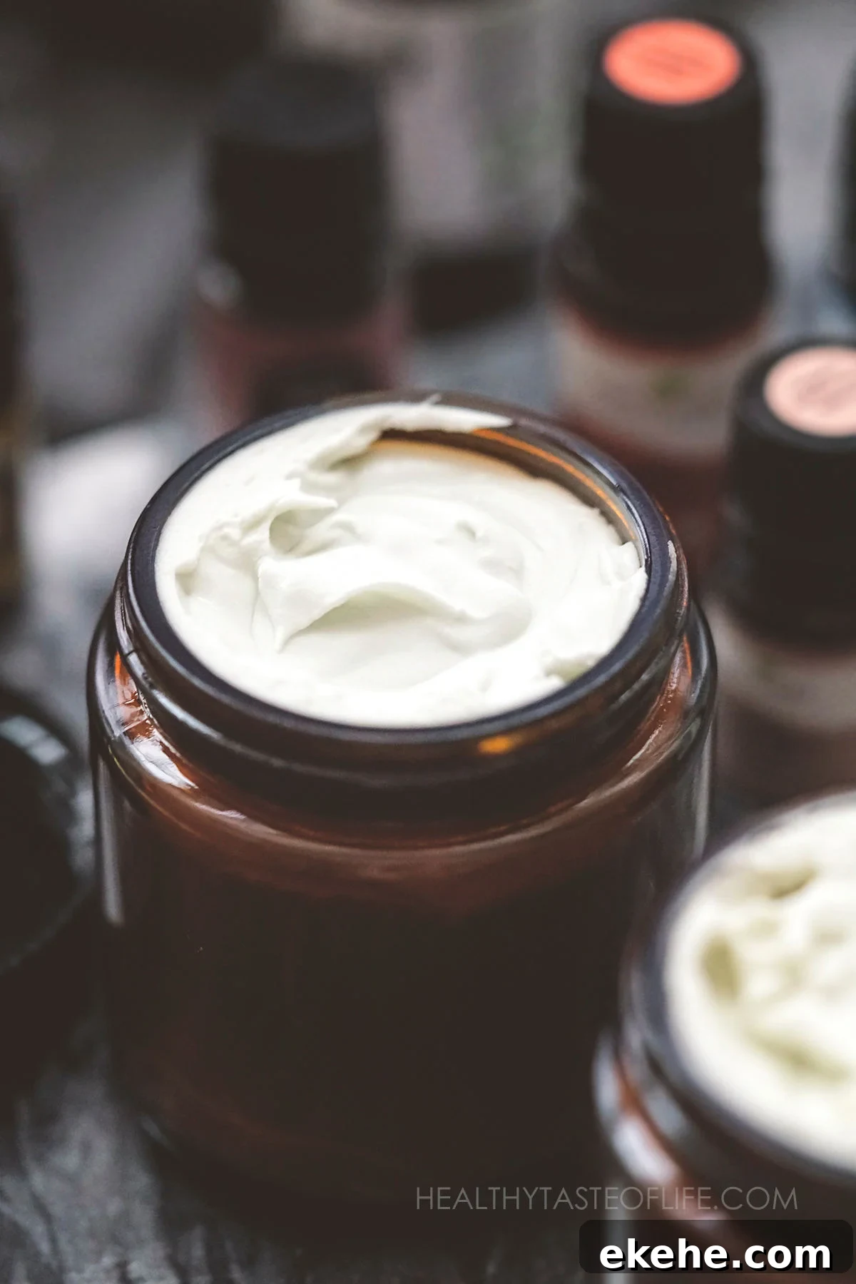 Homemade face moisturizer for dry sensitive skin in an amber glass jar.