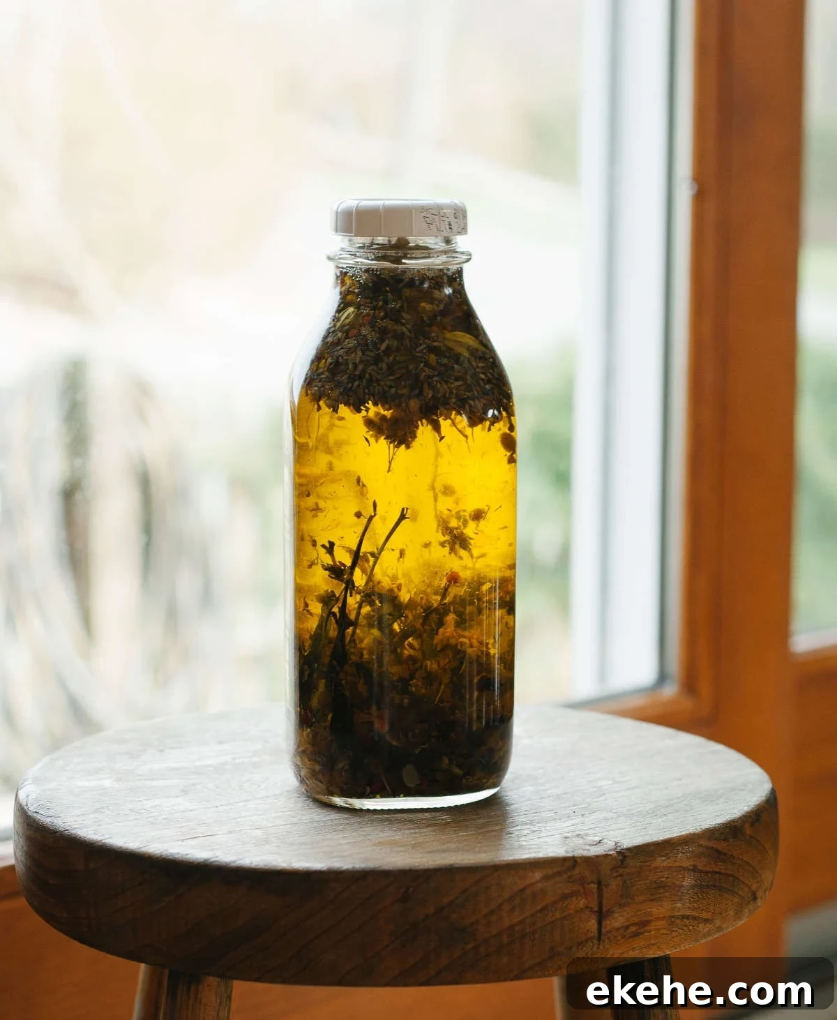 Infusing herbs in oil for natural face moisturizer.