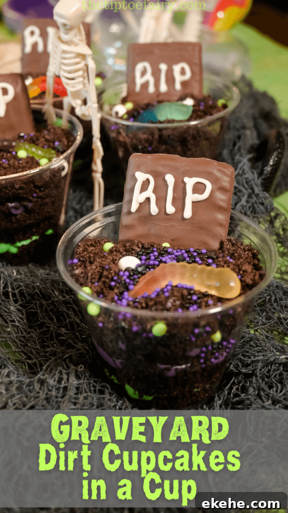Title image with Graveyard Dirt Cupcakes in a Cup