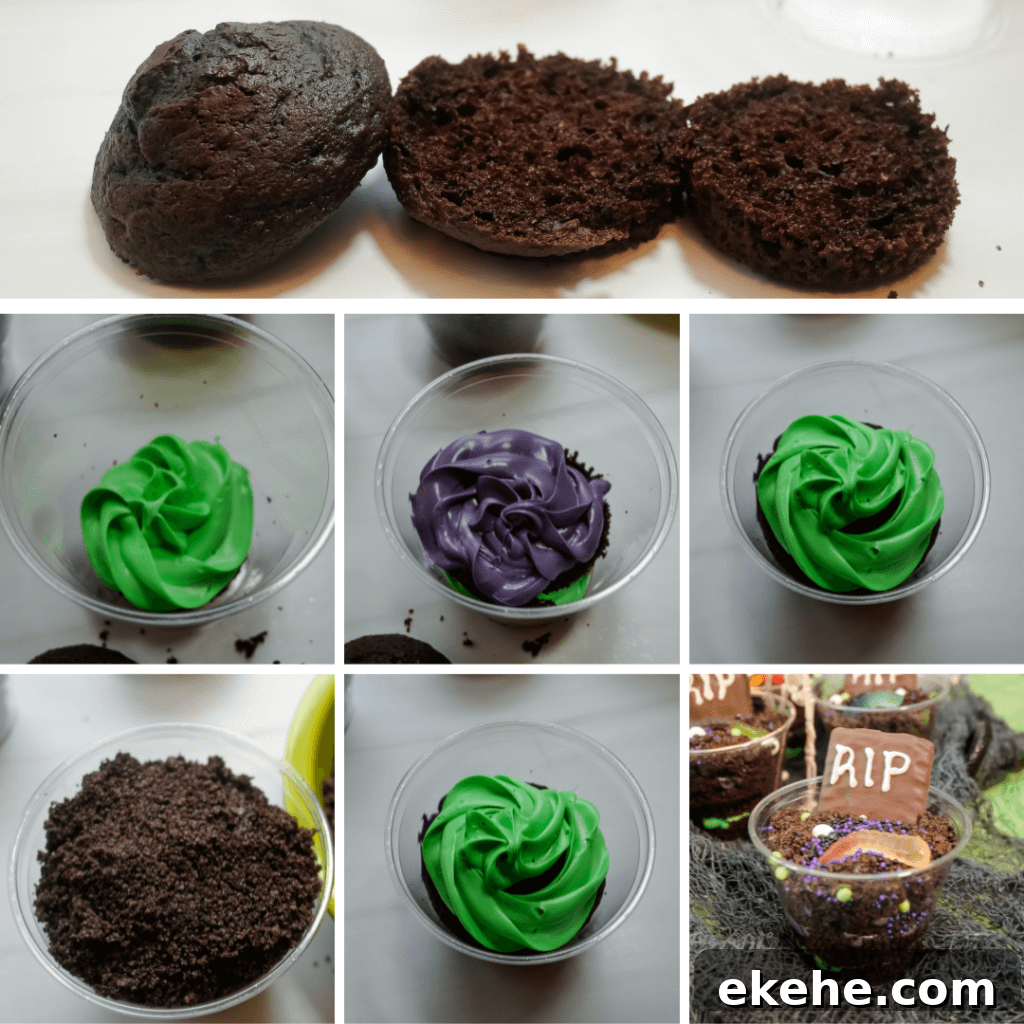 Collage with the process to layer the Dirt Cupcake in a Cup
