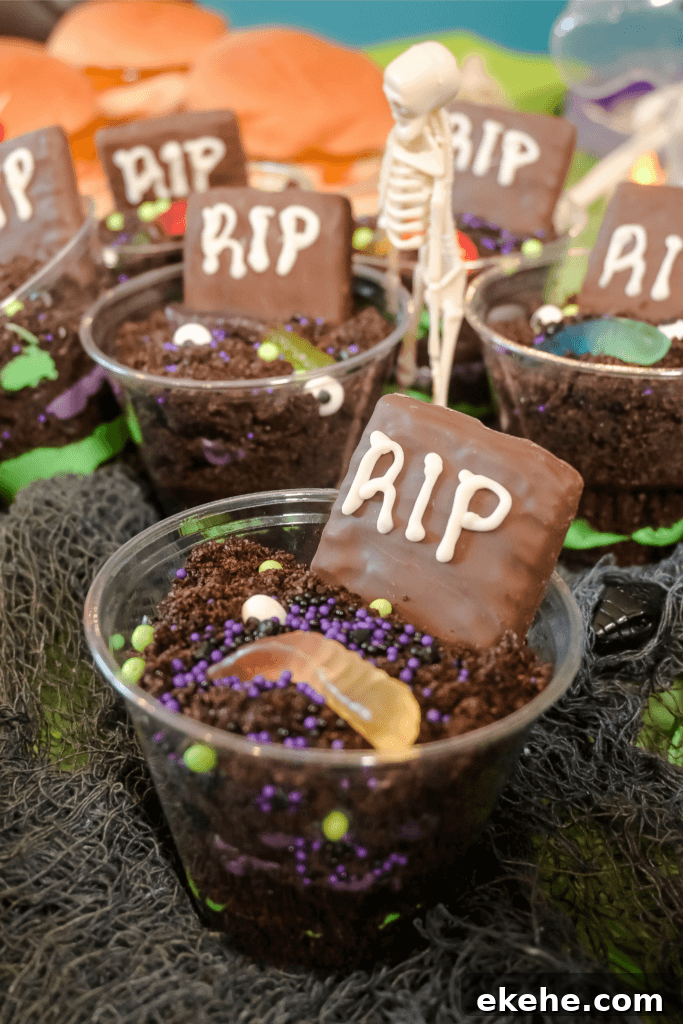 A side view of the Graveyard Dirt Cupcake in a Cup
