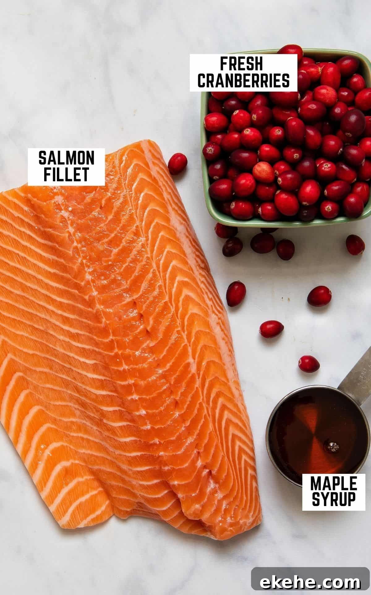 Overhead image of ingredients for the recipe: salmon, cranberries, and maple syrup.