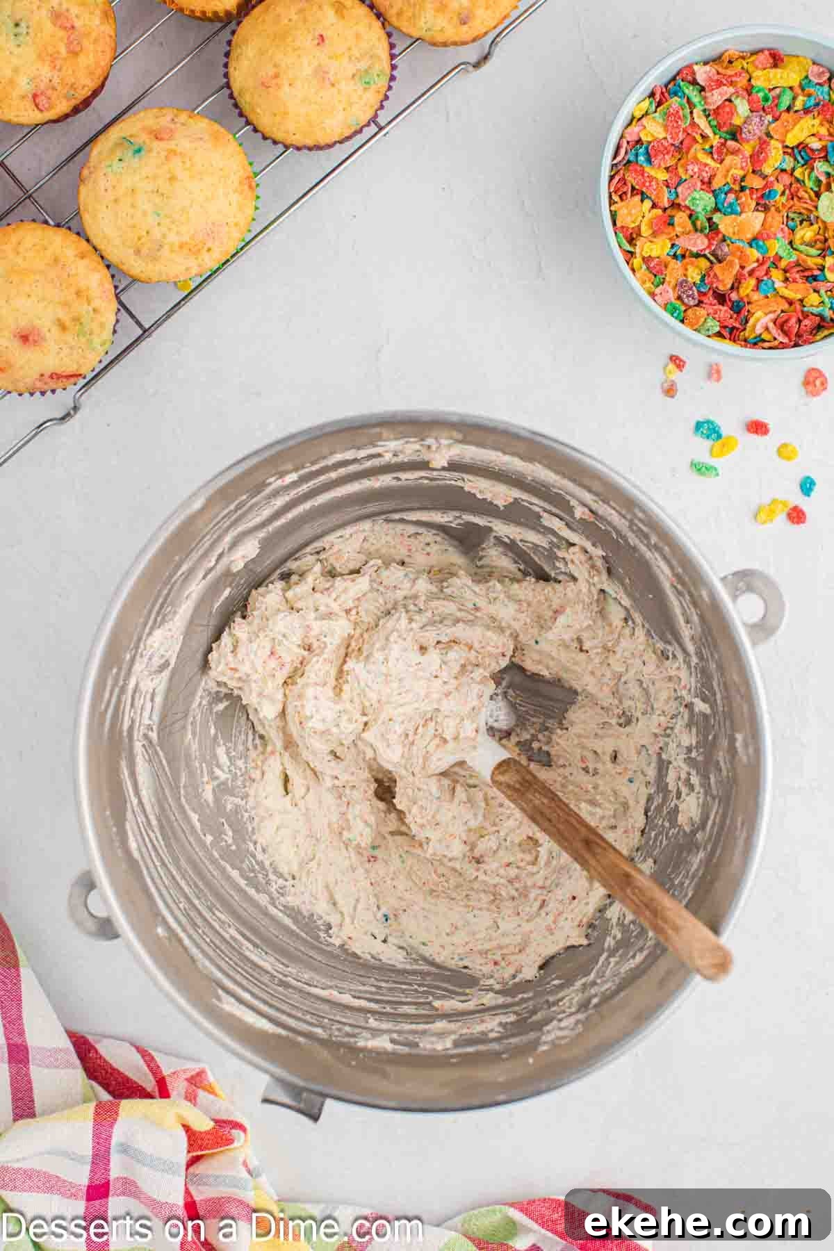 Cereal added to frosting mixture. 