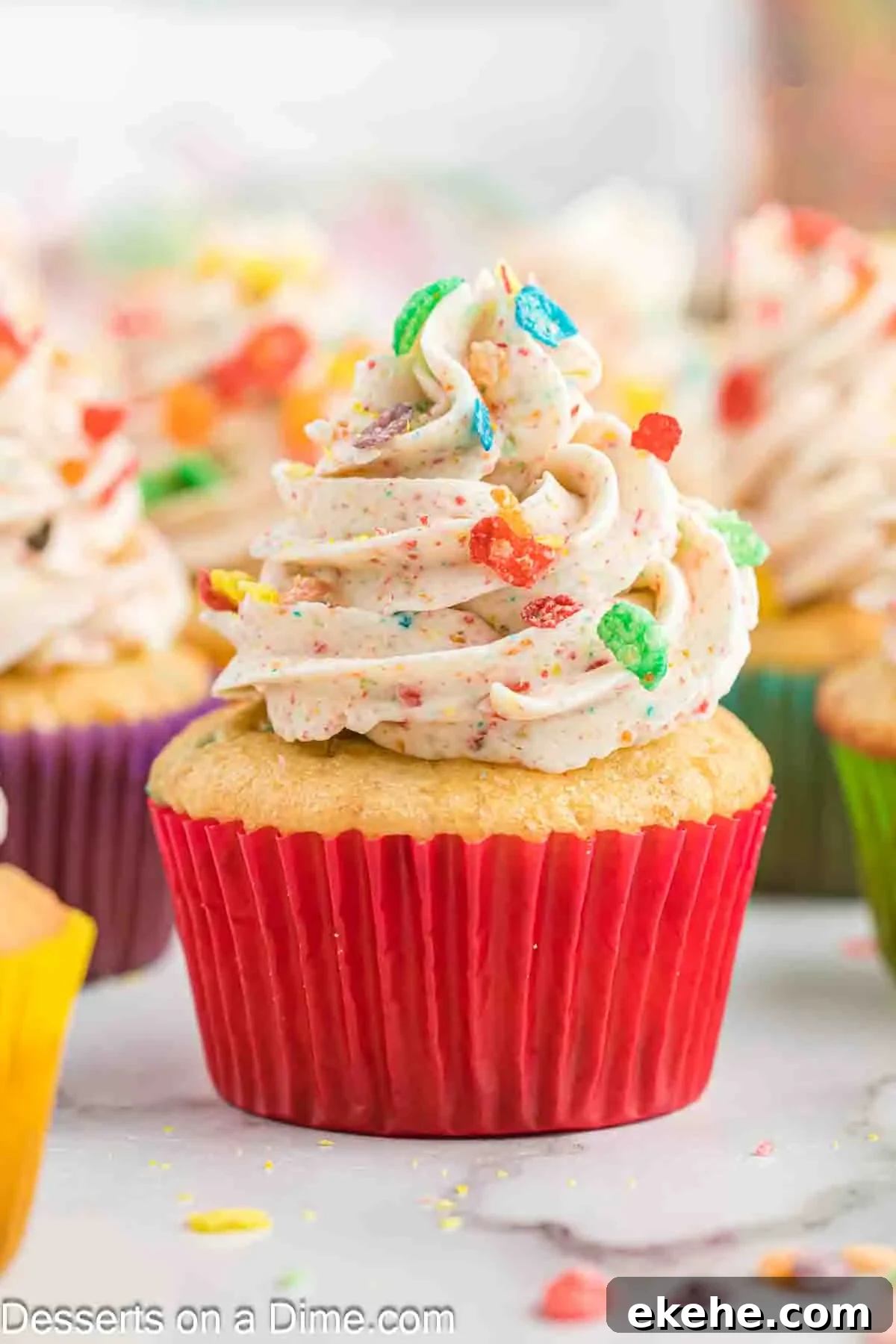 Fruity pebbles cupcakes up close. 