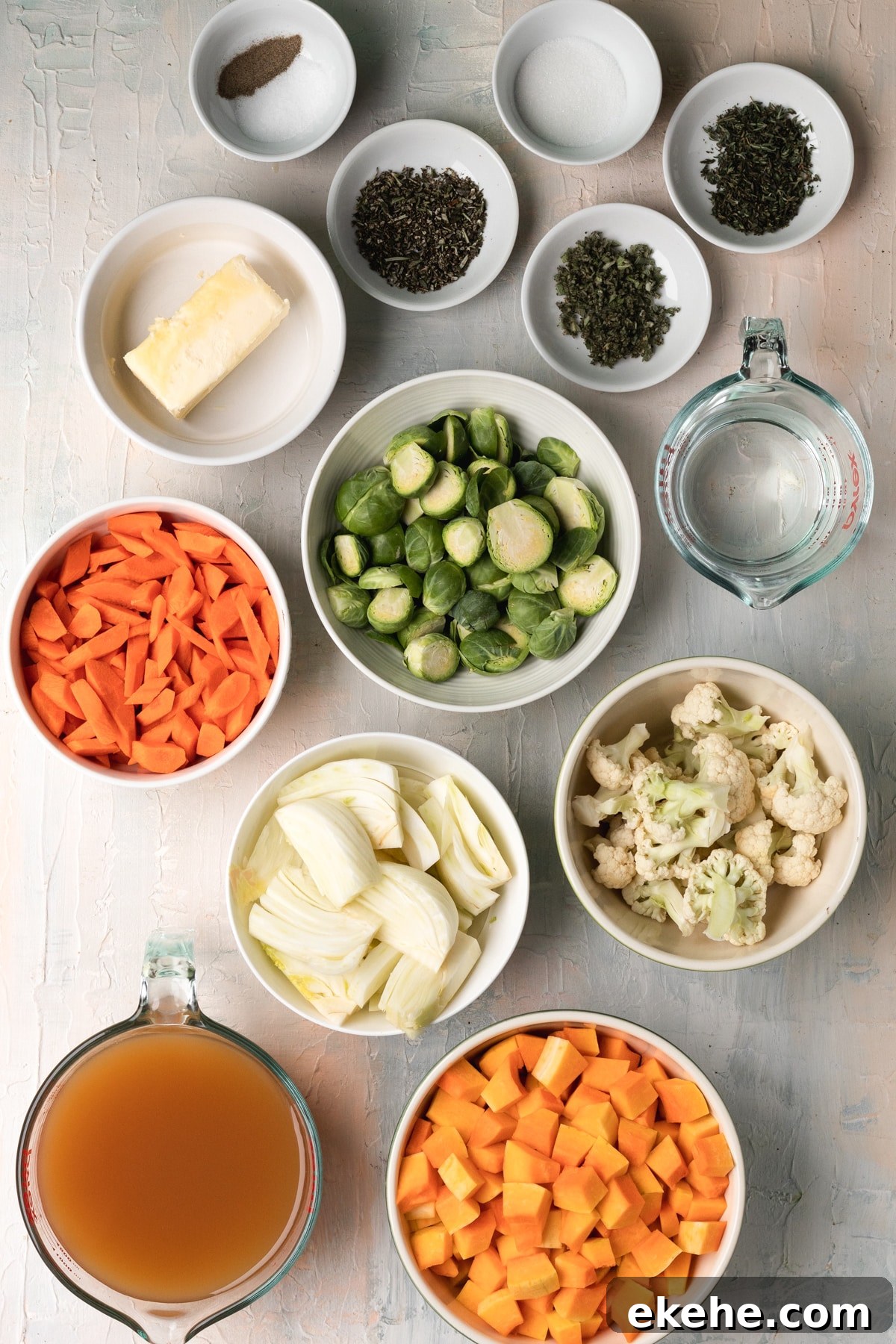 veggies in white bowls.