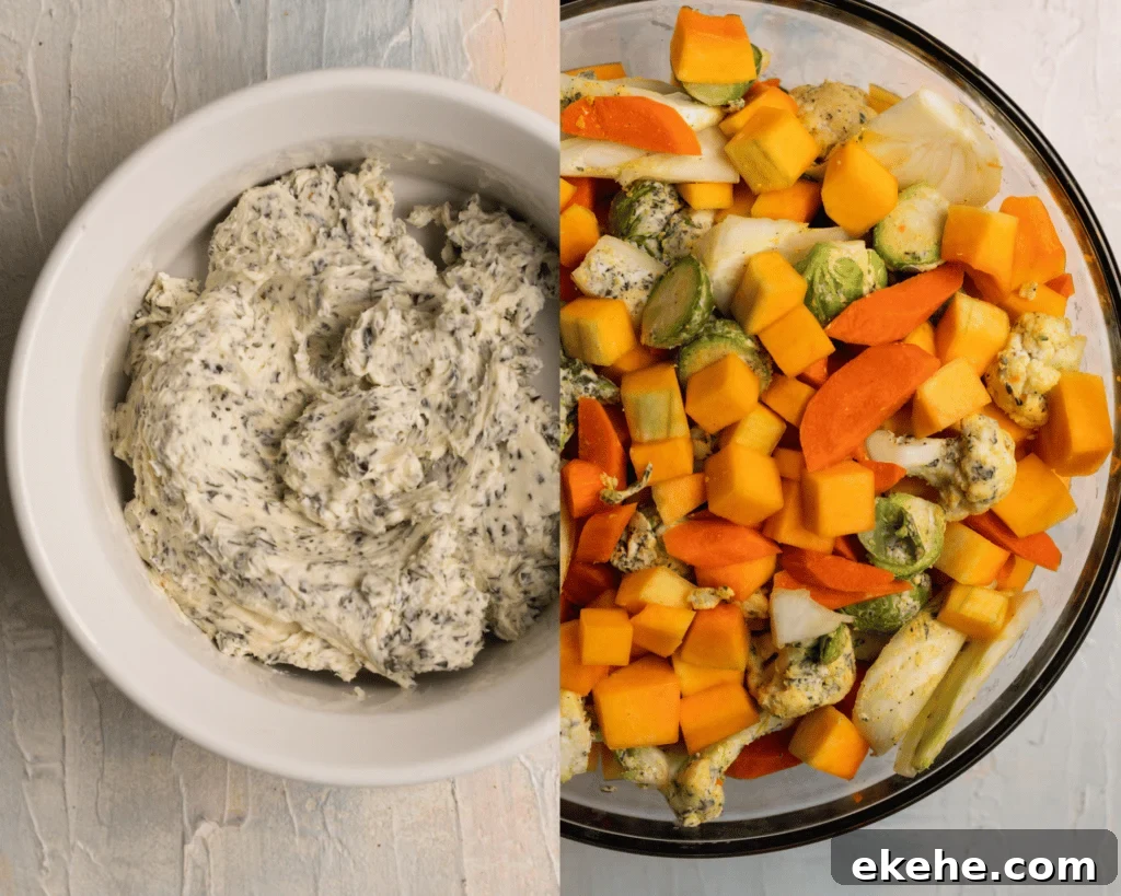 herb butter in a white bowl and a veggie medley in a glass bowl. 