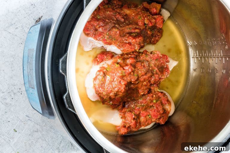 uncooked chicken breast in Instant Pot, for instant pot shredded chicken with salsa