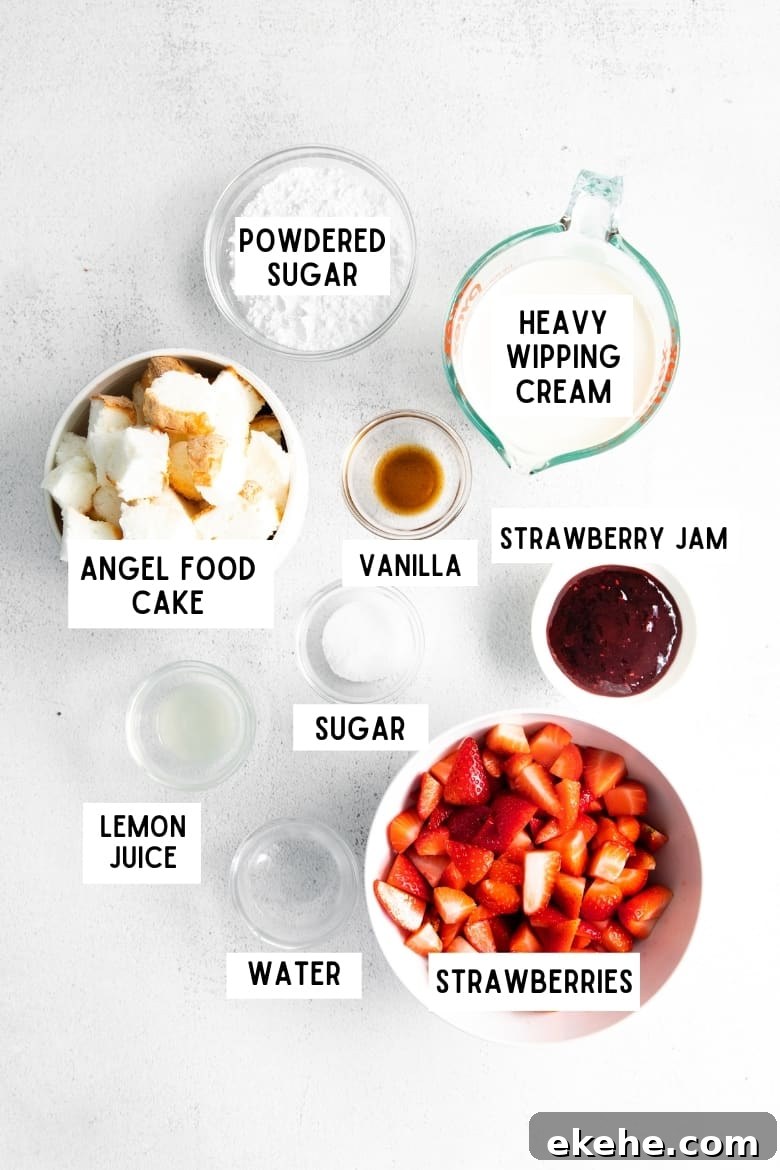 powdered sugar, heavy whipping cream, angel food cake, vanilla, strawberry jam, sugar, lemon juice, water, strawberries