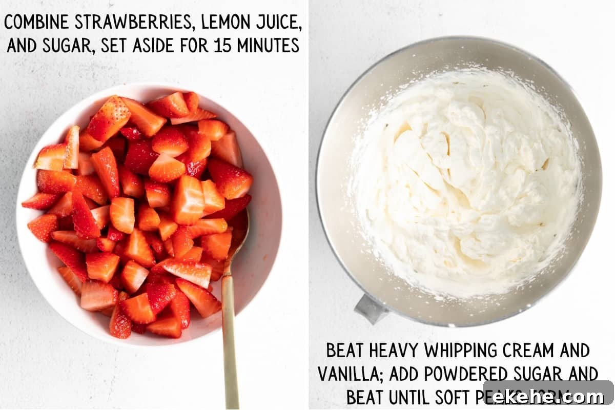 Left: chopped strawberries in large bowl with spoon; Right: whipped cream forming soft peaks in large bowl