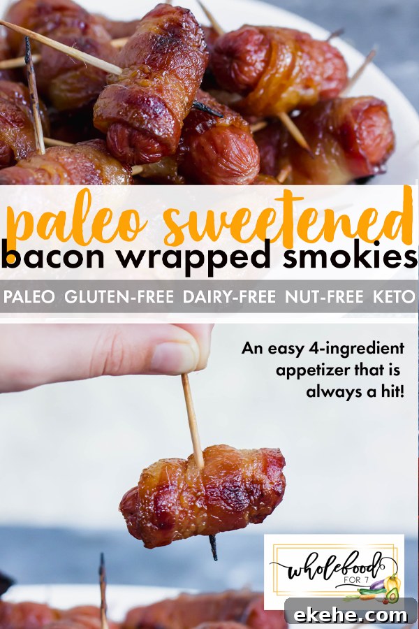 Paleo Sweet Bacon Wrapped Smokies - Gluten-free, dairy-free, nut-free, keto option. EASY 4-ingredient appetizer!