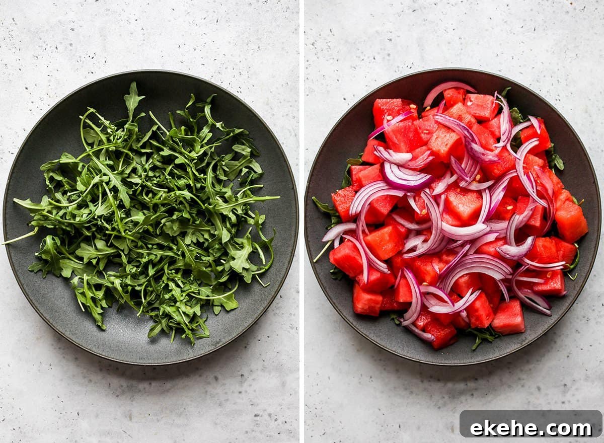 two photos showing how to make watermelon salad - arranging arugula, watermelon and onions. 