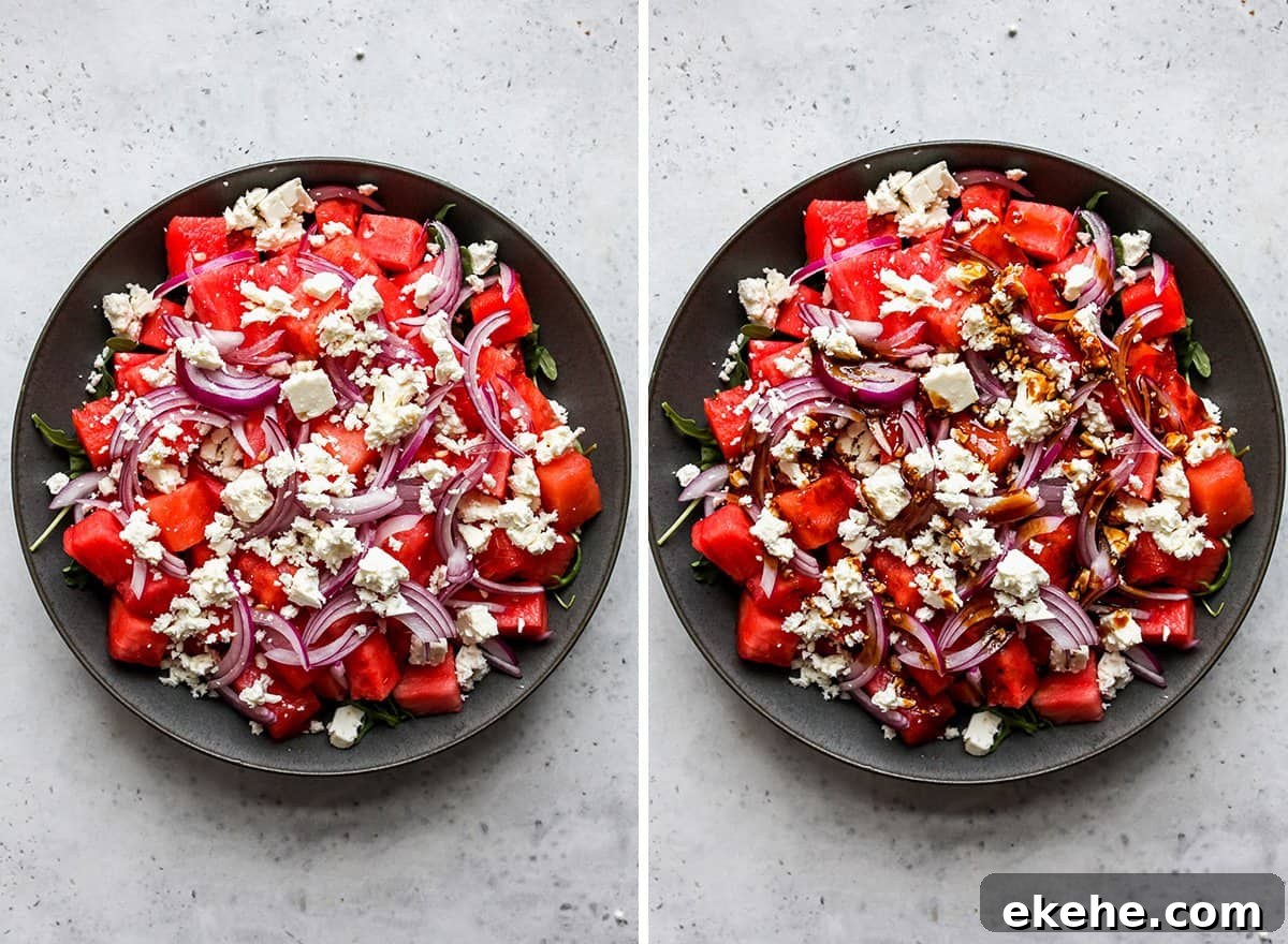 two photos showing how to make watermelon salad - adding feta cheese and glaze