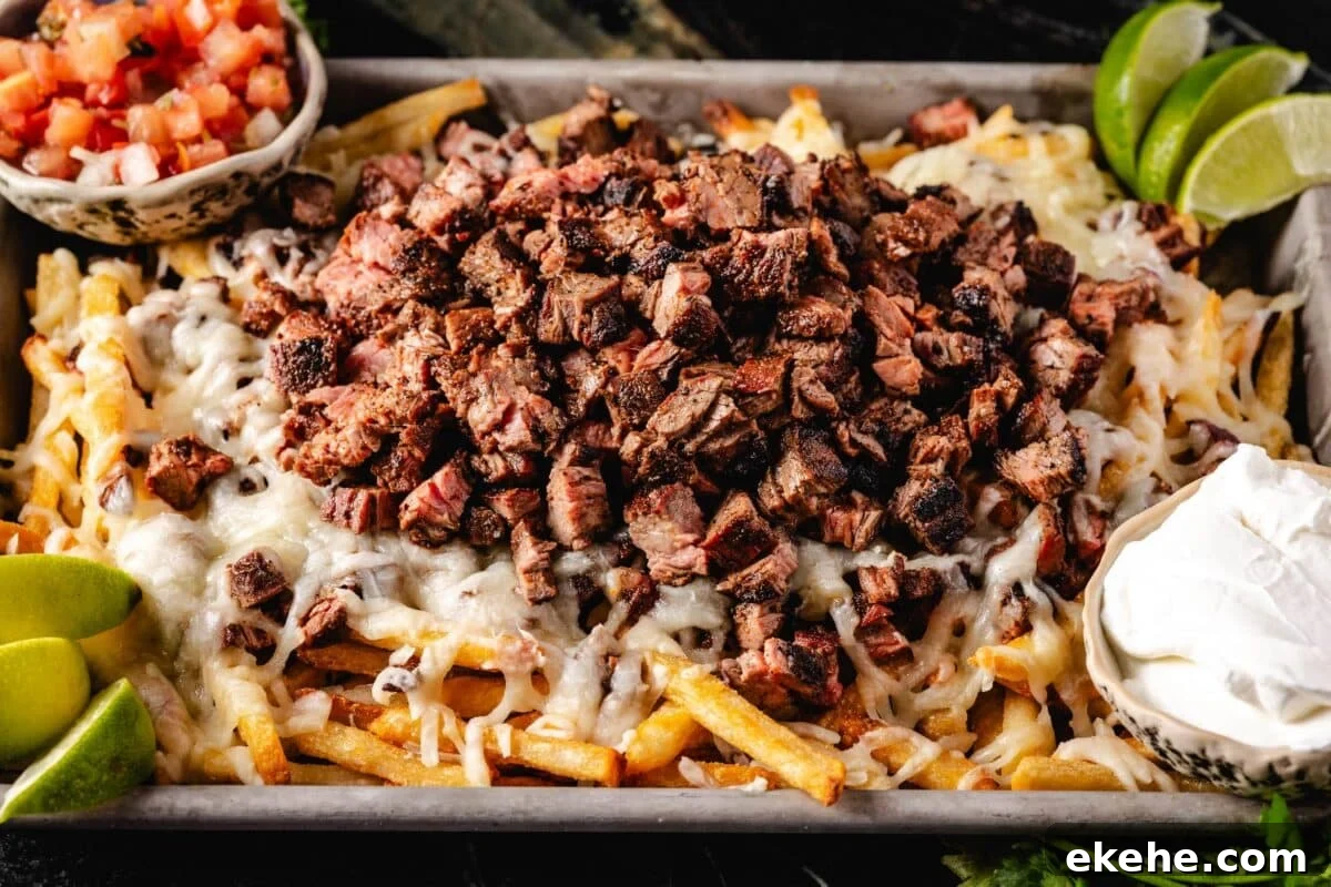 A sheet pan of fries topped with cheese and carne asada, and cuts with sour cream and diced tomatoes.