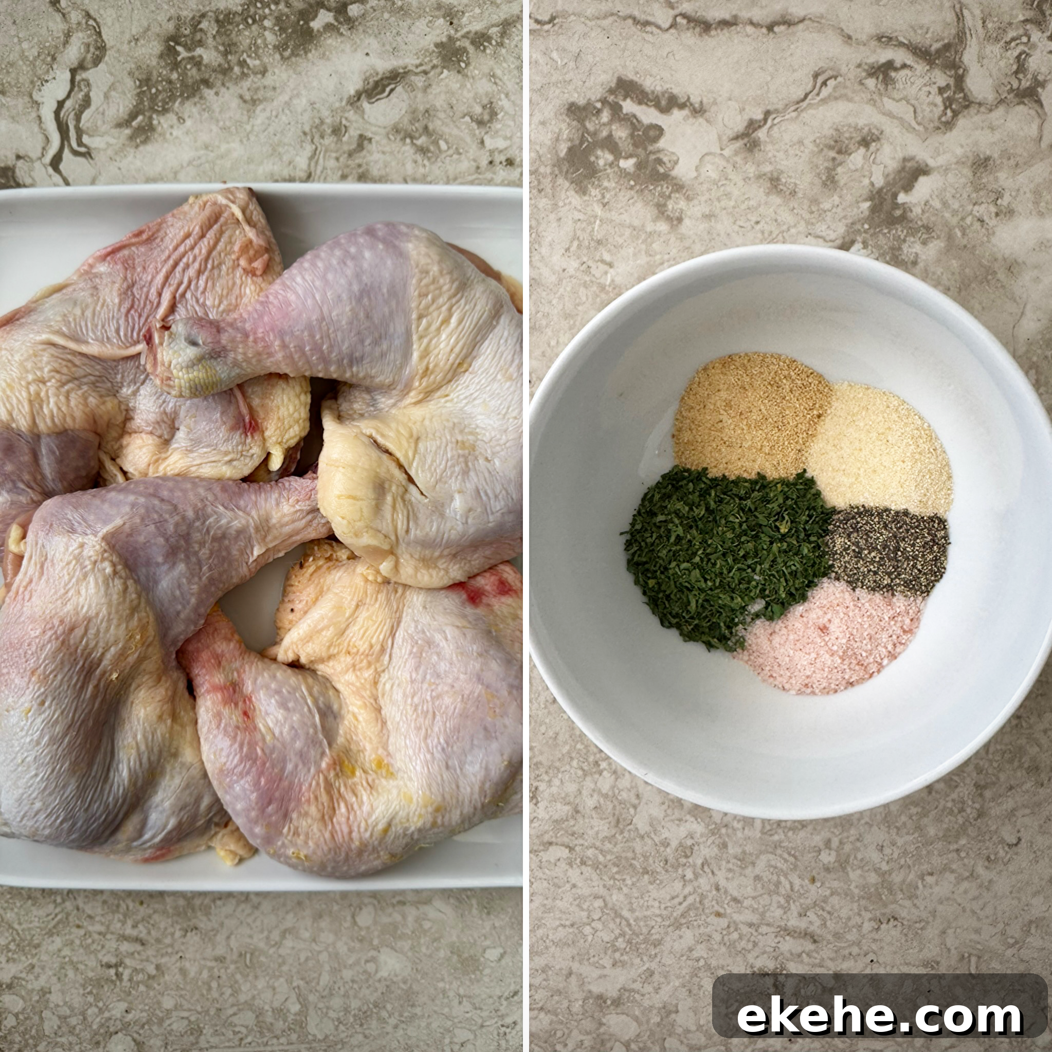 collage of ingredients for slow cooker chicken leg quarters 